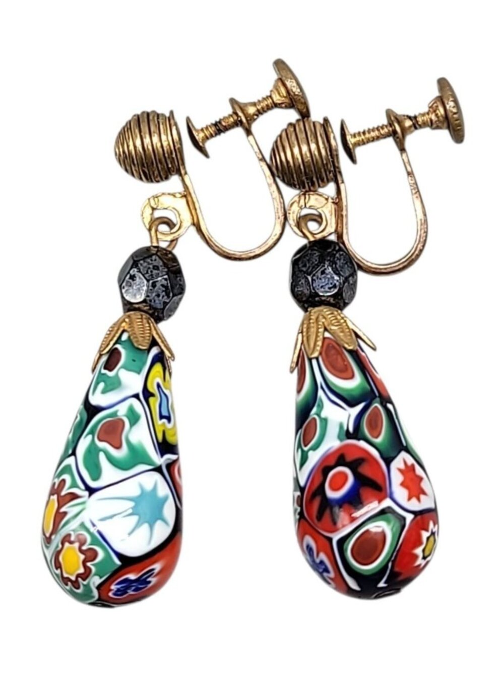 Venetian Millefiori Dangling Screwback Earrings Gold Teardrop Art Glass Vtg